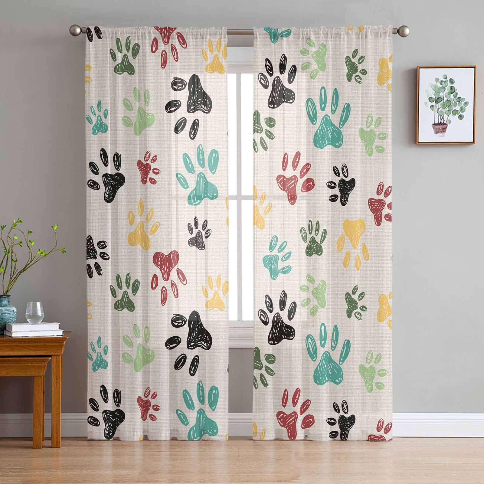 Animal Footprints Graffiti Linen Cloth Window Tulle Curtains for Living Room Bedroom Hotel Luxury Decoration Sheer Curtains 135W x 114H(cm)