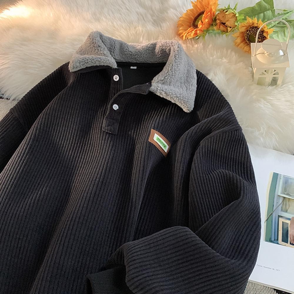 Men's Corduroy Polo Collar Sweatshirt with Lamb Wool Lining - Autumn/Winter Style XL black