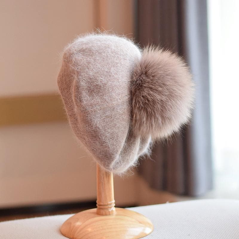 2022 Japanese Angora Rabbit Beret for Women Winter Warm Soft Knit Berets Mink Fox Pom Pom Hat Wool Cap Wholesale 55-60cm