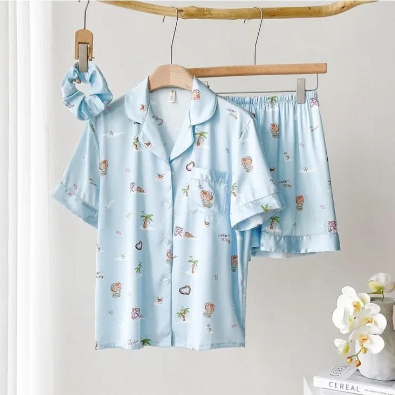 Summer Ice Silk Short-sleeved Shorts, Thin Women's Pajamas, Home Clothes, Silk Pajamas, Women's Pajamas Set 2XL blue
