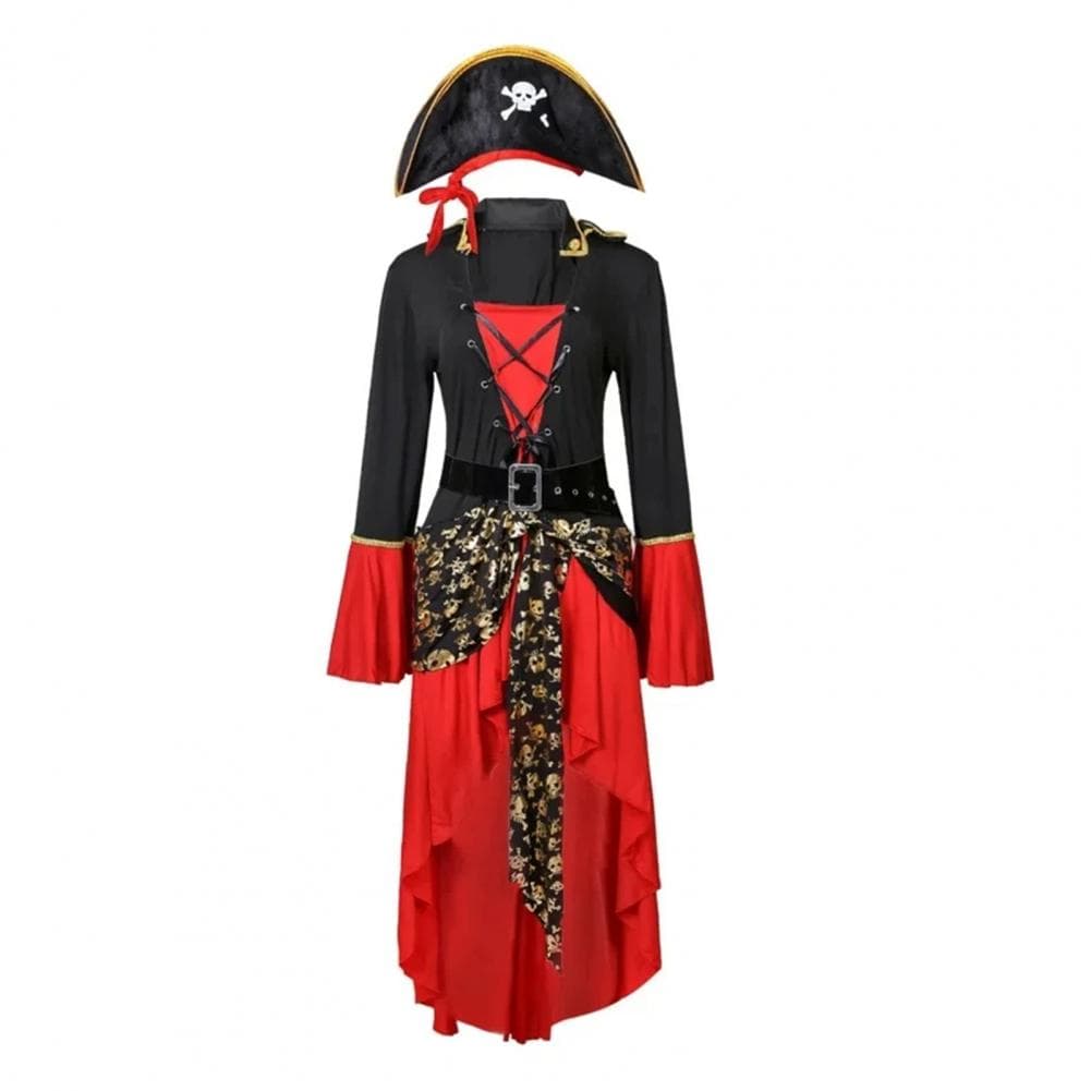Halloween Cosplay Dress Pirate Queen Dance Party Stage Performance Costume Bell Sleeves Irregular Hem Lace-up Strap Belted Waist XL black white