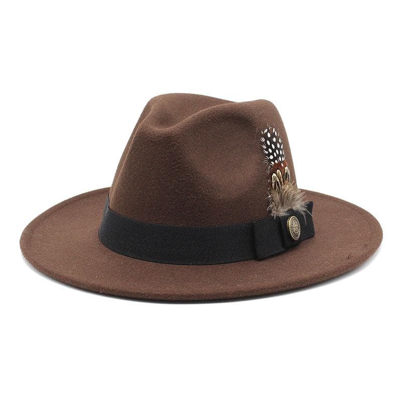 White Woolen Gentleman Classic British Jazz Feather Top Hat Wide Brim Party Church Wedding Fedora Hats Men Women Panama Felt Cap L 59-60cm brown