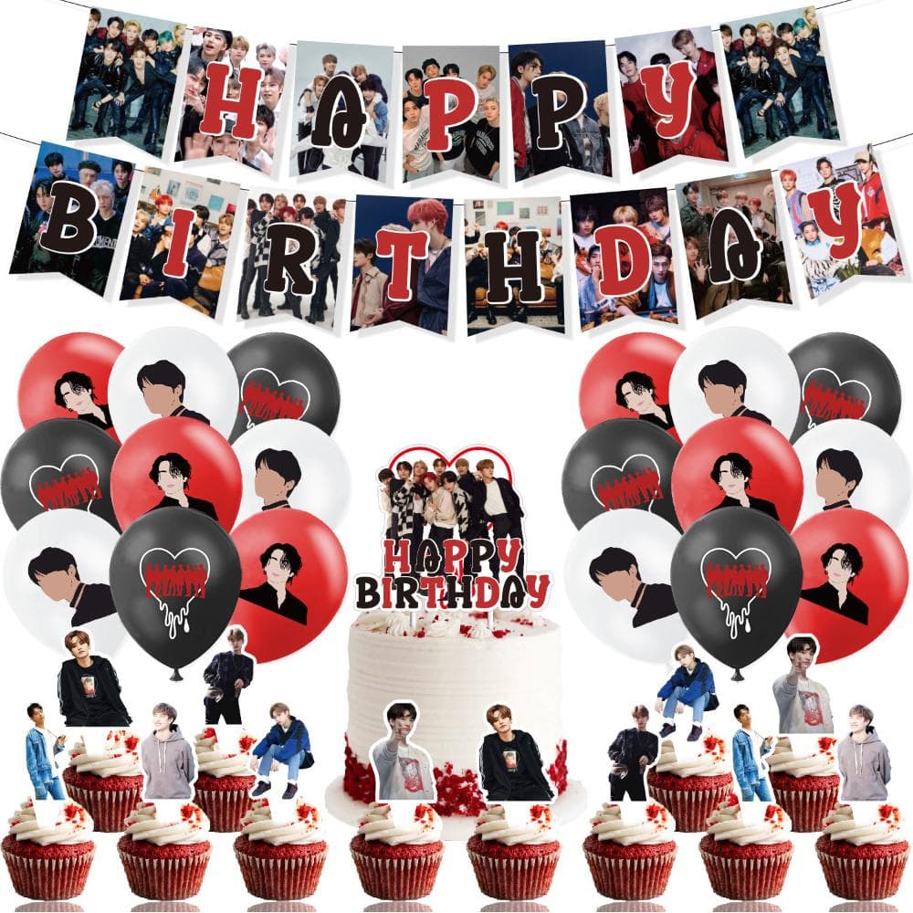 32PCS Stray Kids Themed Party Supplies include Banner Cake Topper Balloons
