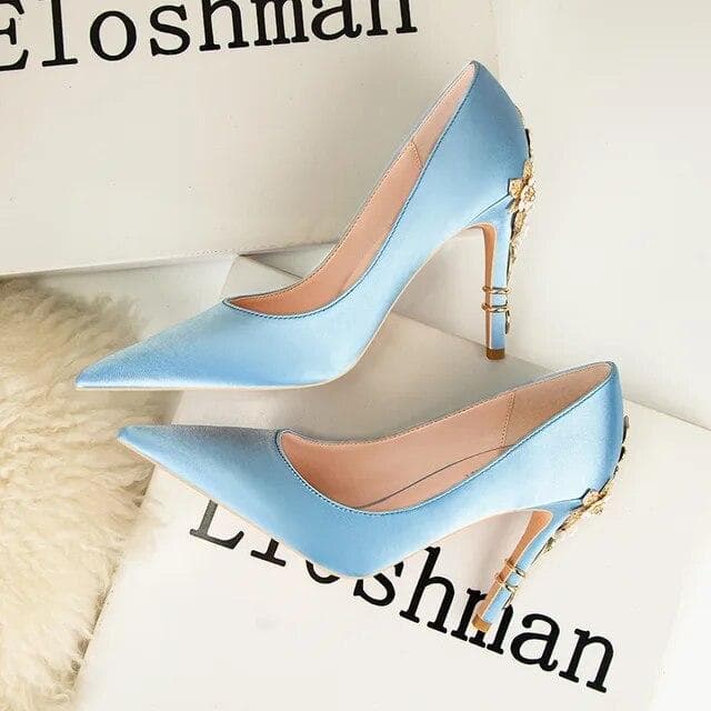 Women's Metal Flowers Stiletto High-heel Shoes Female New Light Luxury Sexy Fashion Wedding Shoes Pointed Toe Satin Single Shoes 40 blue