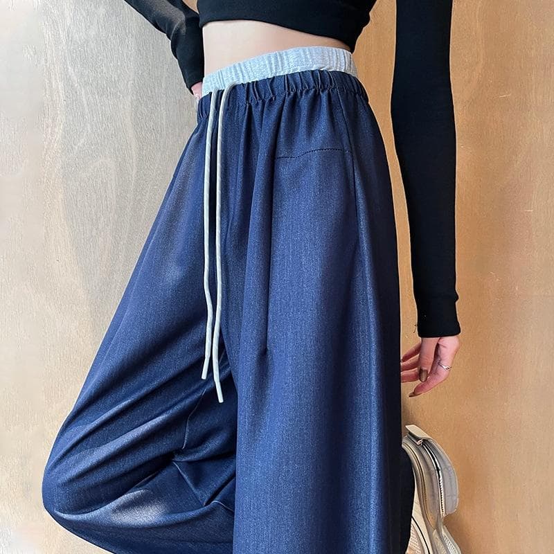 Elastic Waist Tennis Wide-leg Jeans for Women Loose Drooping Summer Thin Slim Straight Pants Ice Silk Floor Pants 2XL