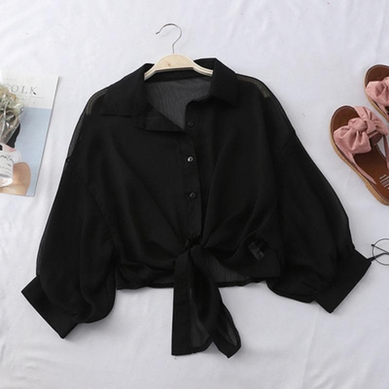 2024 Half Sleeve Chiffon Buttoned Up Shirt Loose Casual Blouse Women Simple Summer Shirts Tied Waist Elegant Blouses for Women 97761 L black