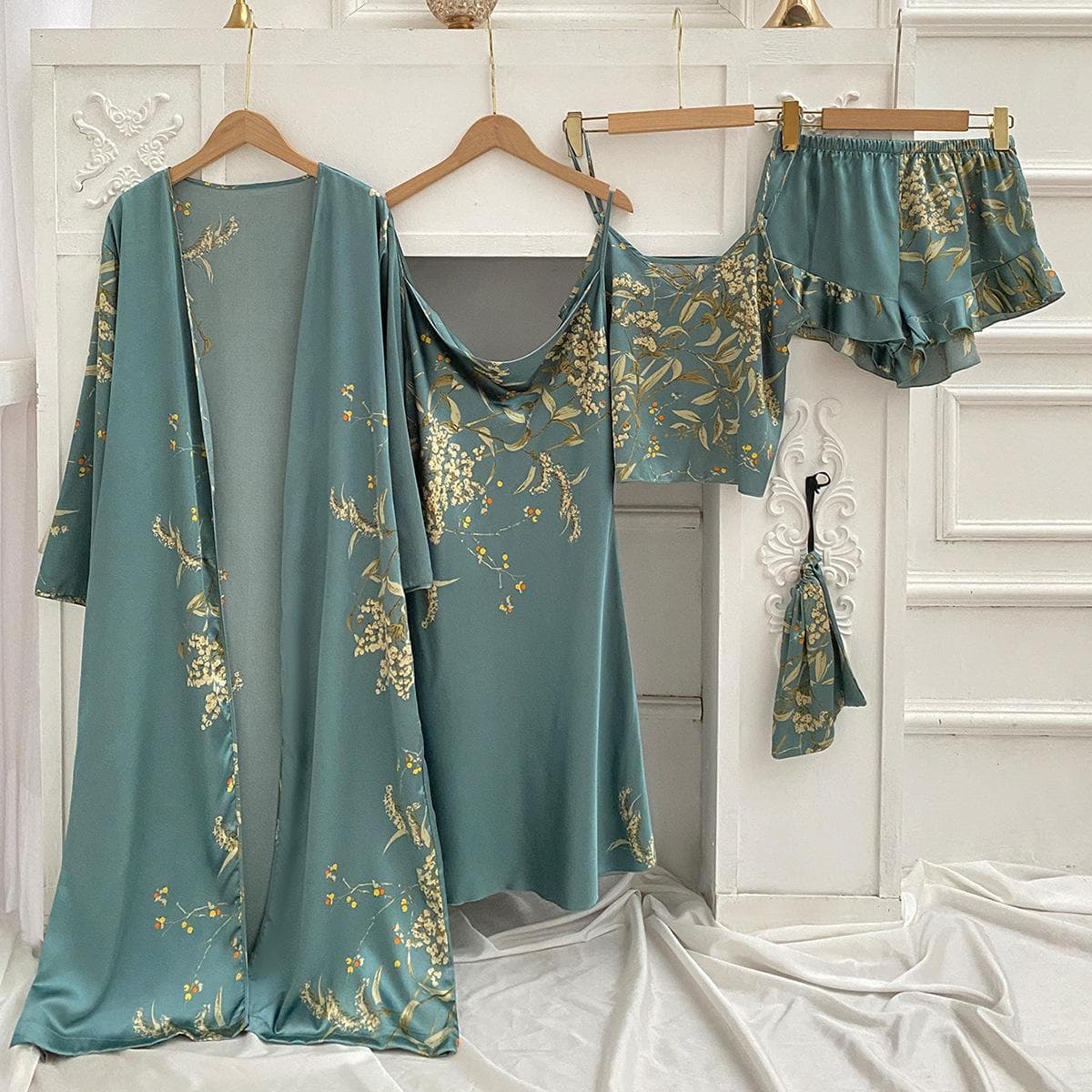Women's Long Bathrobe Set Silk Spring Autumn Floral Print Ladies Dressing Gown 4 Pieces Set Nightdress Summer Satin Pajama XL green
