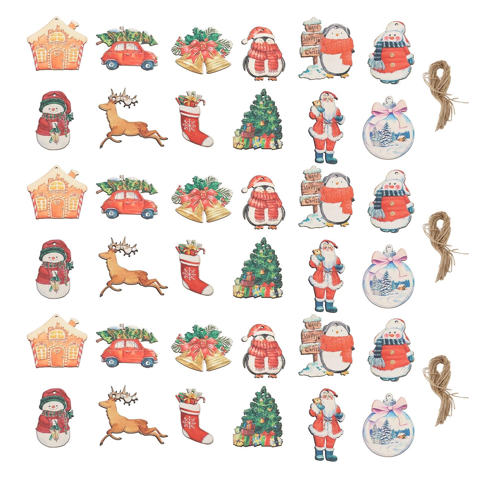 36pcs Xmas Hanging Ornaments Cute Wooden Snowman Elk Xmas Bell Hanging Decorations for Living Room
