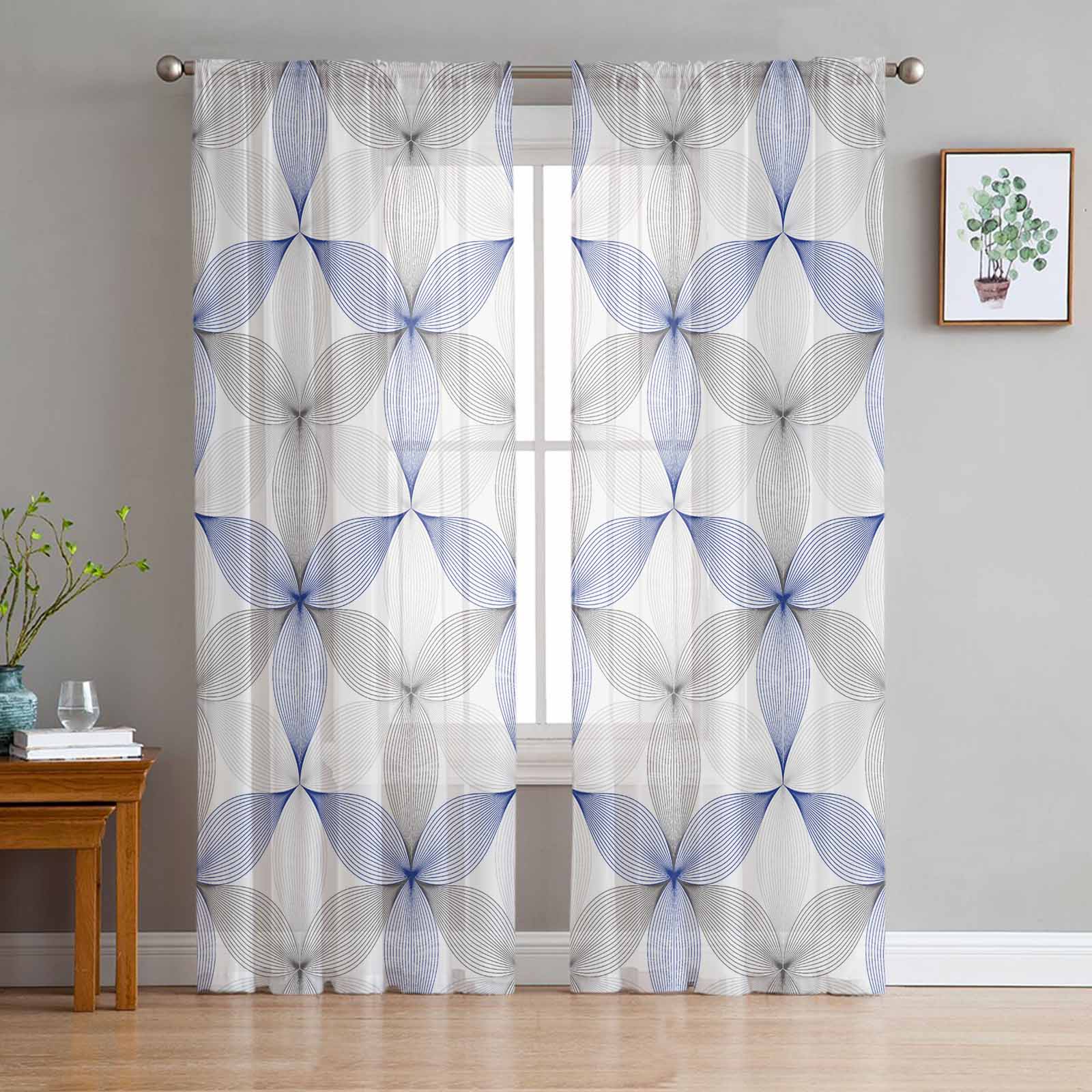 Modern Art Geometric Pattern Blue Tulle Window Curtains for Bedroom Luxury Home Decor Drapes in Living Room Chiffon Panels 135W x 114H(cm)
