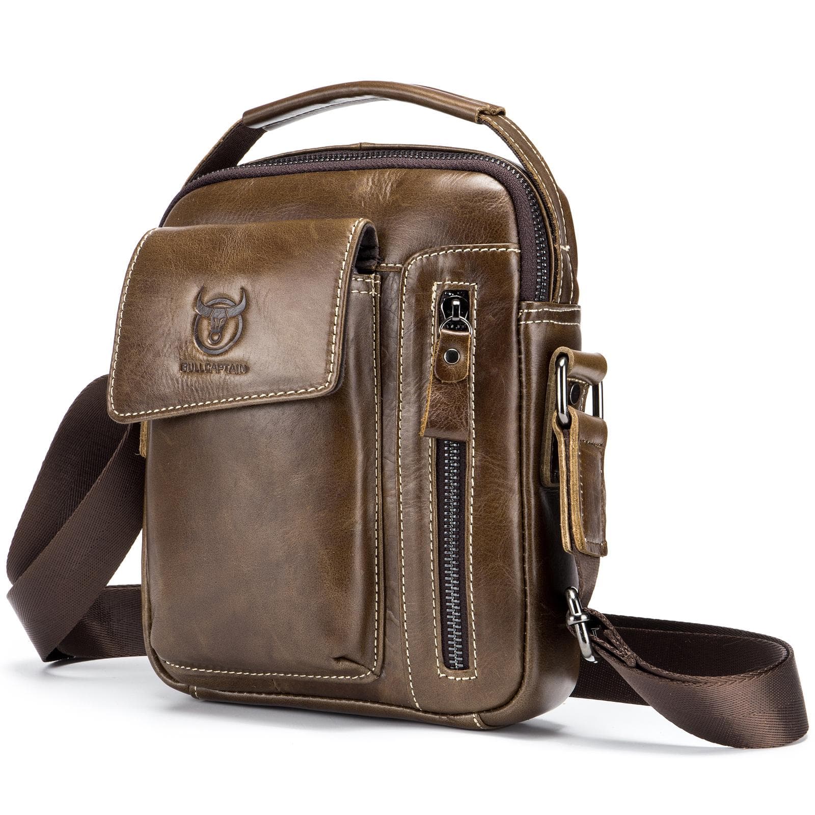 Men Vintage Leather Shoulder Bag Outdoor Sports Travel Crossbody Bag Handbag Casual Bag Pack dark brown