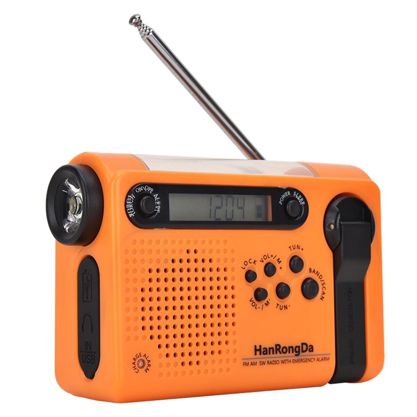 HanRongDa Outdoor Emergency Radio Portable AM FM SW Radio Solar Powered Hand Crank with LED Flashlight 2000mAh Battery SOS Alarm orange