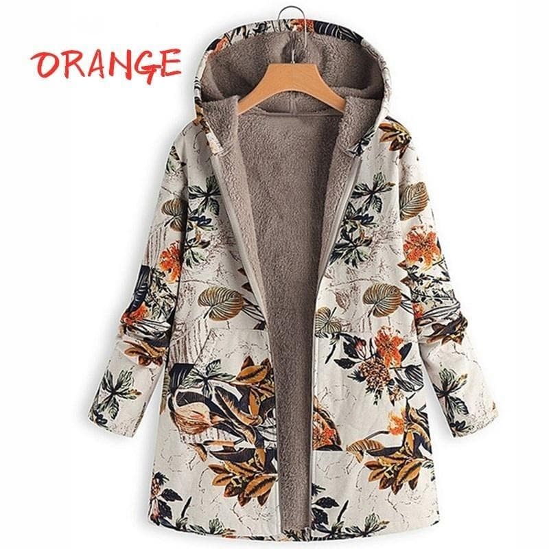 Vintage Coats Zipper Hoodie Long Sleeve Manteaux Dames Casual Women Warm Pocket Floral Fleece Jacket 2XL orange