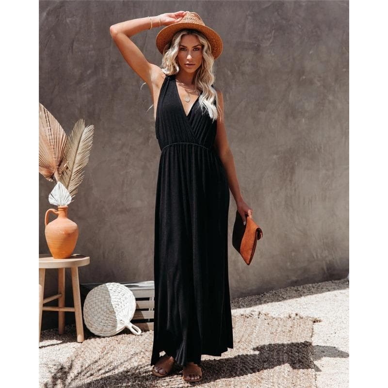 2024 Summer New European and American Women's Clothing Solid Color Sling Elegant Long Dress XXXL black