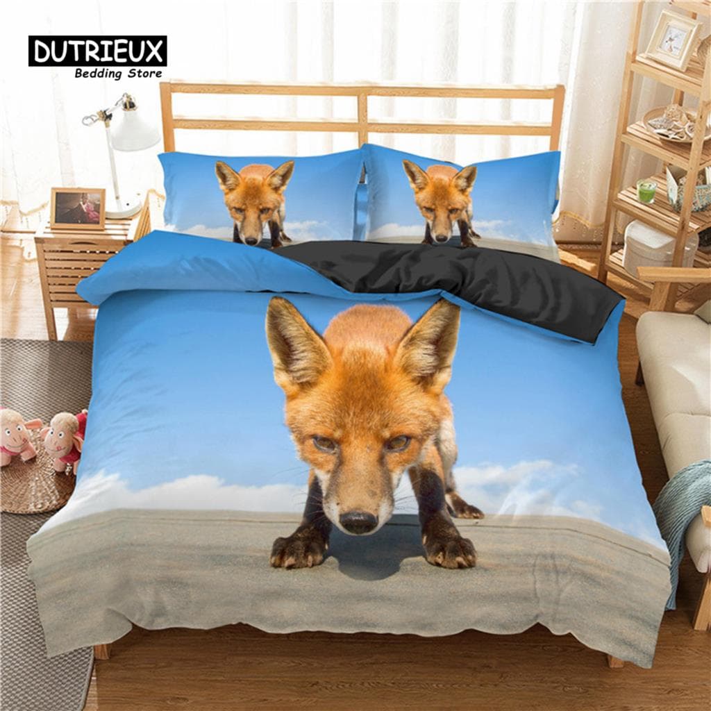 Kids Fox Duvet Cover Twin Size Microfiber Wild Animal Bedding Set Orange Fox Comforter Cover For Child Girls Teen Bedroom Decor EU single(135x200cm)