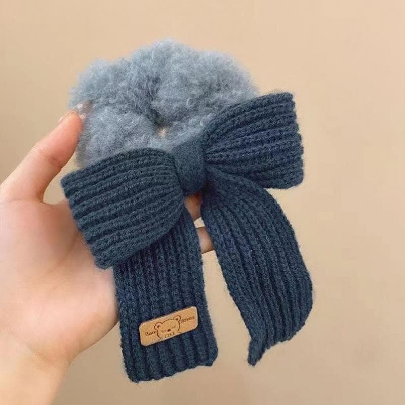 Autumn and Winter Gentle Knitted Wool Bow Hair Rope Sweet and Versatile Large Hair Ring Head Rope Hair Rubber Band blue