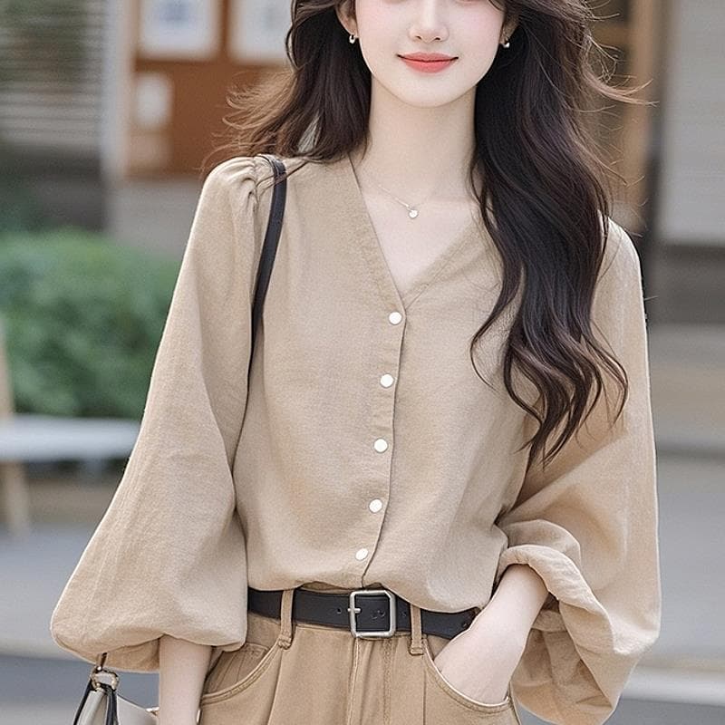 Korean Temperament Small Top Loose Cover Meat Thin Khaki Shirt Women's Early Autumn 2XL