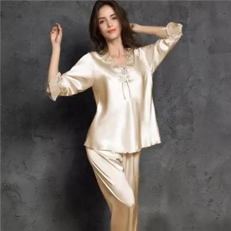 Ice Silk Kawaii Clothes Women's Pajamas Sexy Large Size Pajamas Set Lace Homewear Set Korean Style Loose Spring and Autumn Pajamas L