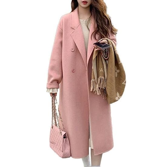 Women's Coat Double-Breasted Lapel Stylish Warm Mid-Length Double Pockets Winter Coat Lady Accessories M pink