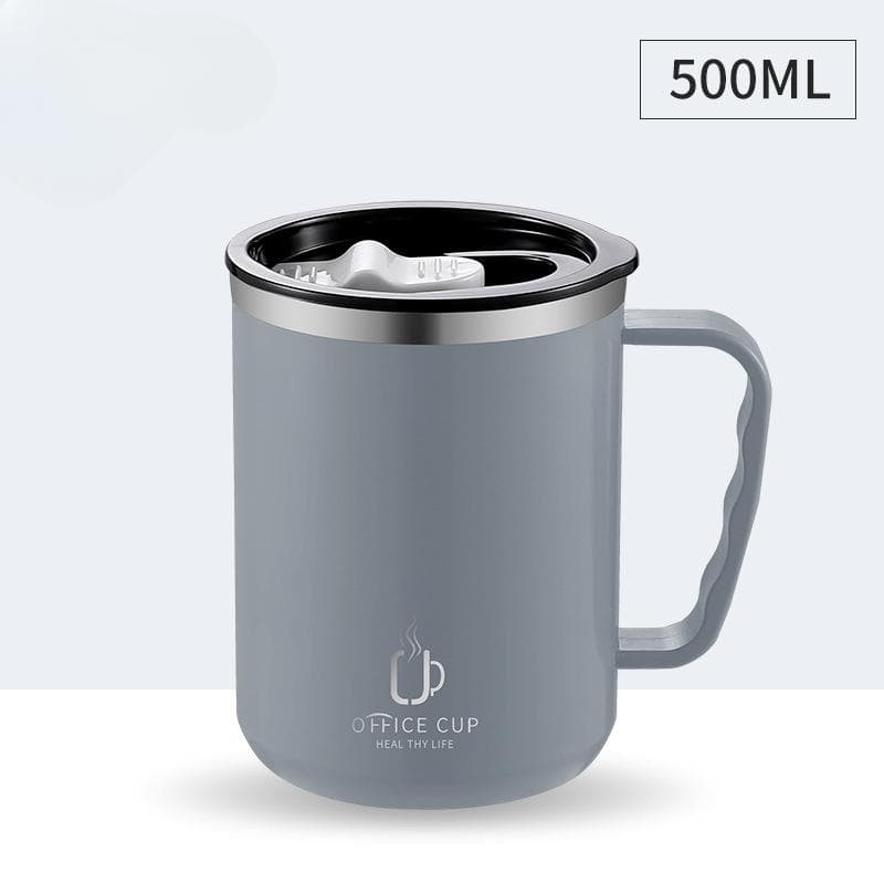 500ml/17oz 304 Stainless Steel Water Bottle Double Layers Coffee Mug Milk Cup With Plastic Lid And Handle grey