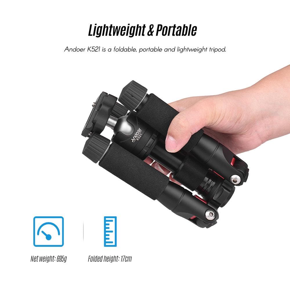 K521 Portable 5-section Extendable Aluminum Alloy Tripod with Mini Ball Head Low Center of