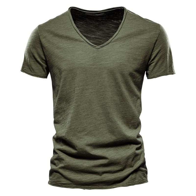 AIOPESON Summer 100% Cotton Elasticity T Shirt Men Casual Soft Fitness Shirt Men T Shirt Tops Tee Shirts V-Neck Short Sleeve Tshirt Men XL army green