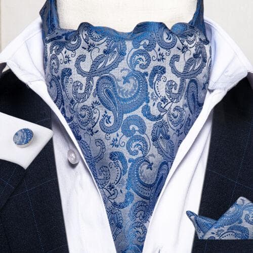 Mens Ascot Silk Cravat Blue Paisley Tie Handkerchief Cufflinks Set Formal Party LDAS2002