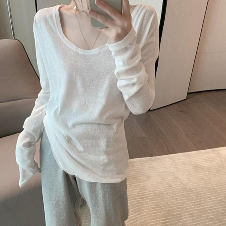 Pure Cotton Long-sleeved T-shirt Top with Korean Loose and Versatile Style Lazy White Thin Base Shirt for Women 2XL white