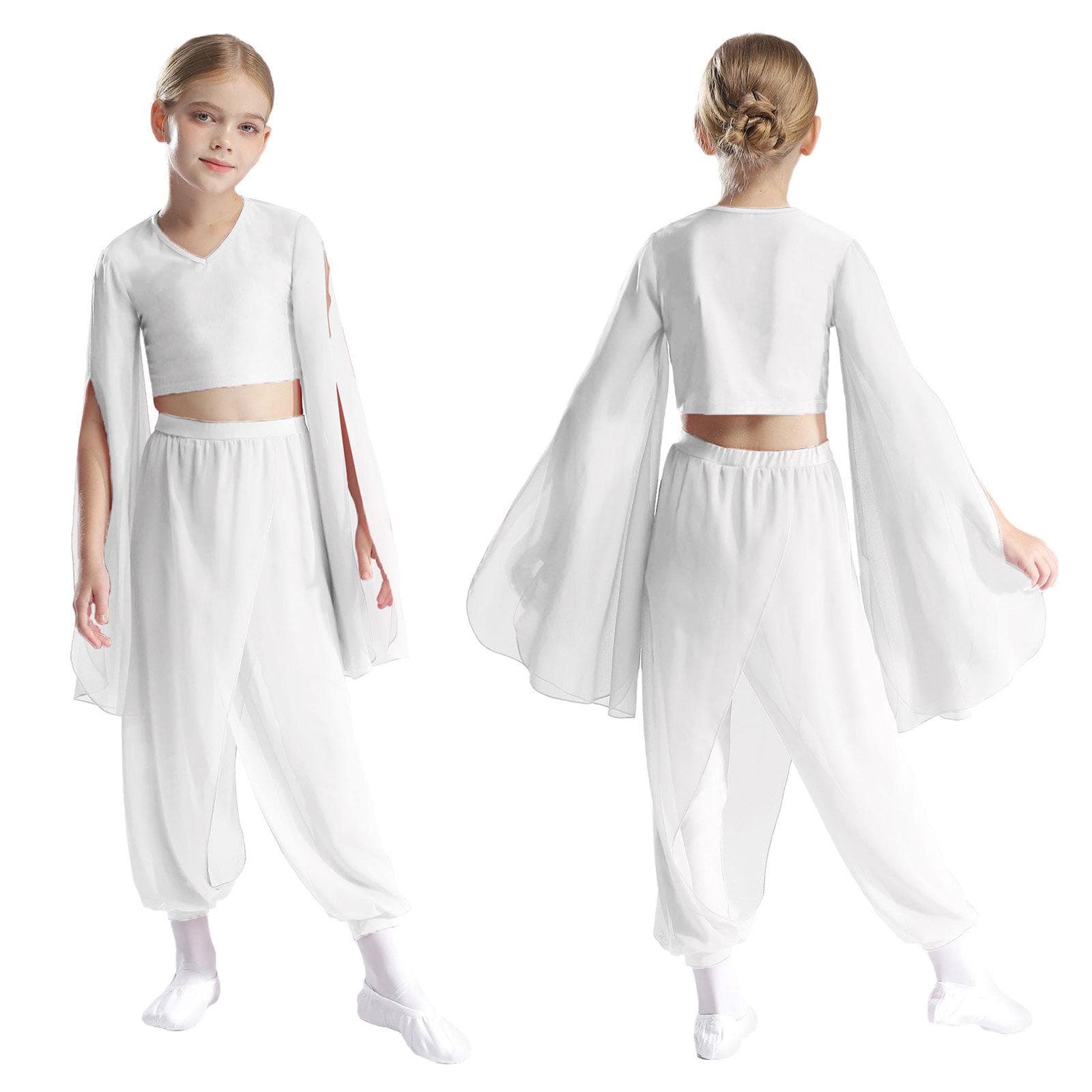 Girls V Neck Crop Top Split Flared Sleeve Dance Outfit with Pants for Classical Performance Practice 15-16 Years white