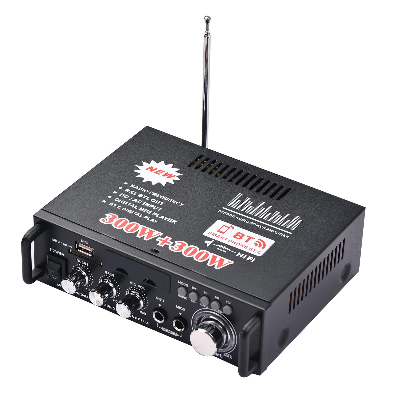 12V / 220V Mini Audio Power Amplifier 2CH 300W+300W for Car Home Use BT Digital Audio Receiver AMP EU Plug black