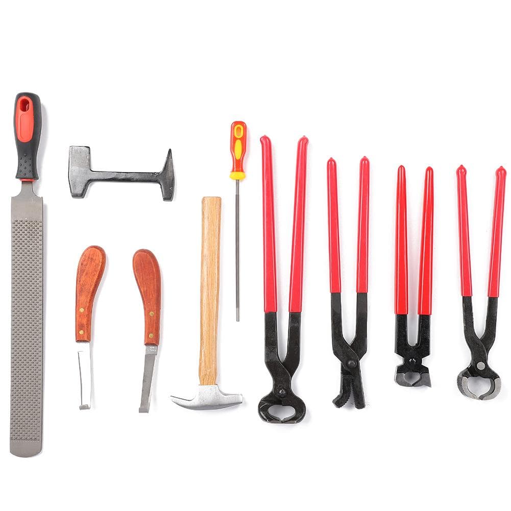 9PCS Steel Iron Ergonomic Handle Horseshoe Trim Cutter Pliers File Nail Hammer Hoof Tool Horse