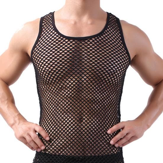 Underwear O Neck Breathable Sleepwear Fish Net Pure Color Vest for Sleeping M black