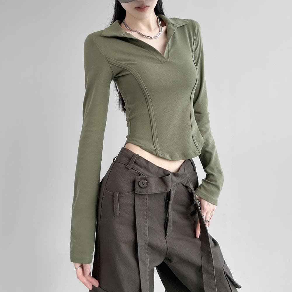 New T-shirt Fashion Style POLO Collar Slim Fit Long Sleeve Lapel Short Sleeve Splicing Solid Color Bottoming Shirt L dark green