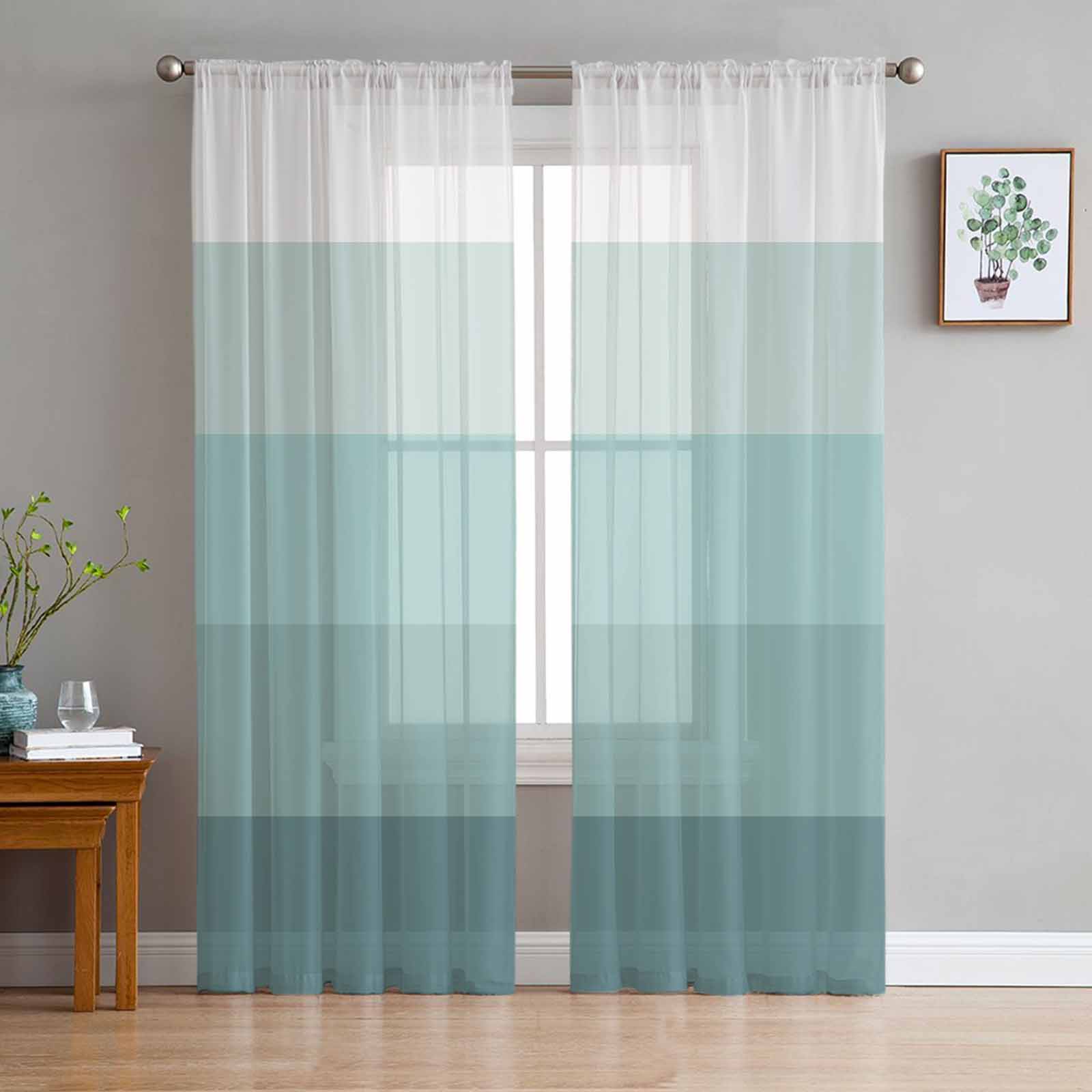 Striped Minimalist Light Water Duck Green Window Tulle Curtains for Living Room Bedroom Hotel Luxury Decoration Sheer Curtains 135W x 114H(cm)