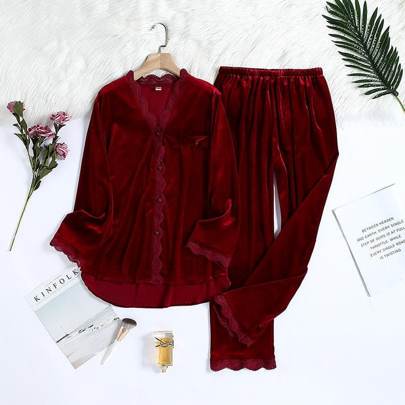2PCS Velvet Pajamas Set for Women Winter Warm Pyjama Sexy Female Velor V-neck Lace Homewear Autumn New Long Pant Pijamas Suit M red