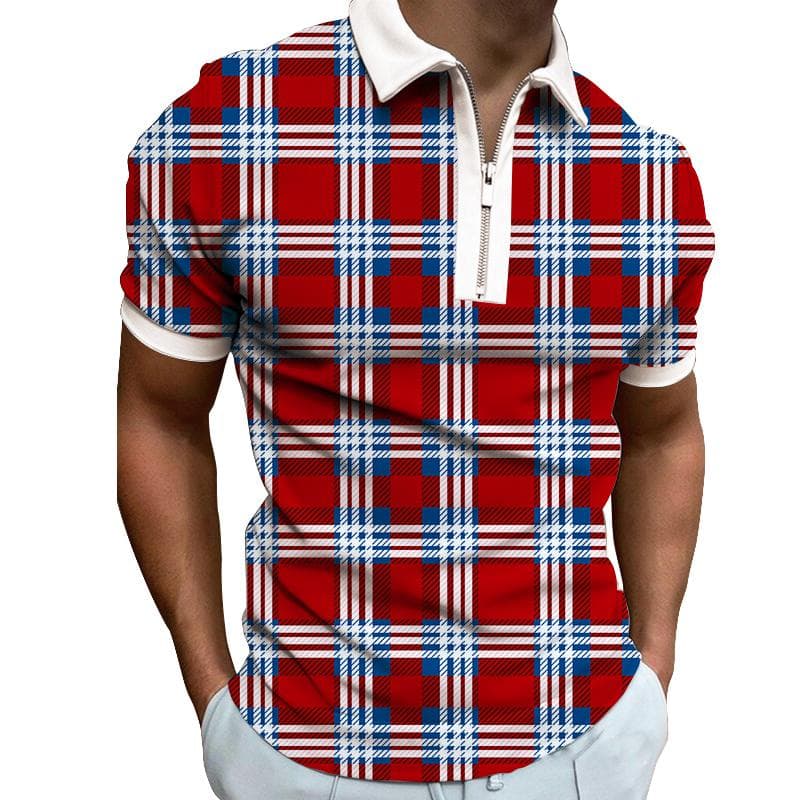 Men's Plaid Striped Print Business Casual Breathable Stretch Short Sleeve Zipper POLO Shirt L red