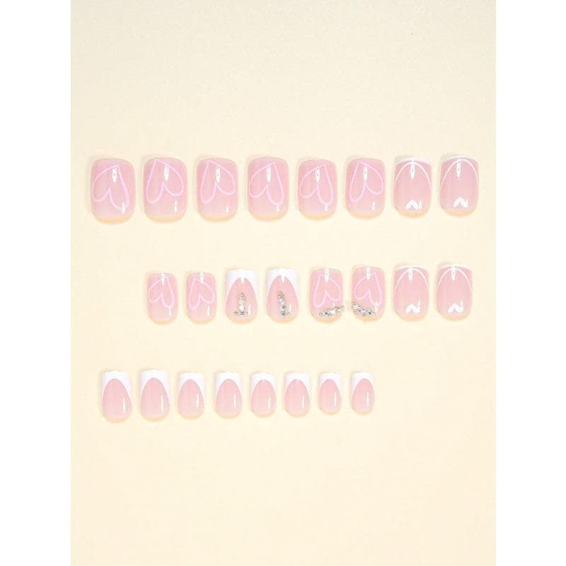 24pcs Press On Nails Short Cute Pink Heart White French Style 3D Rhinestone Design Nails Fashion Full Coverage Fake Nail Tips For Women And Girls