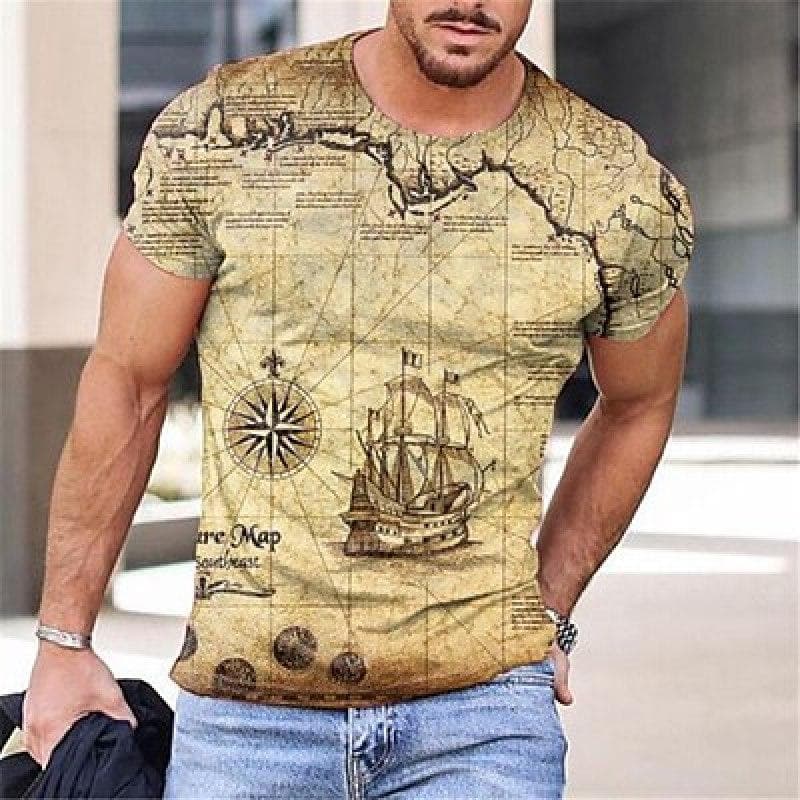 Map Vintage Mens 3D Shirt For TravelYellow Summer Men'S Tee Graphic Prints Round Neck 3D Daily Holiday Short Sleeve Clothing L