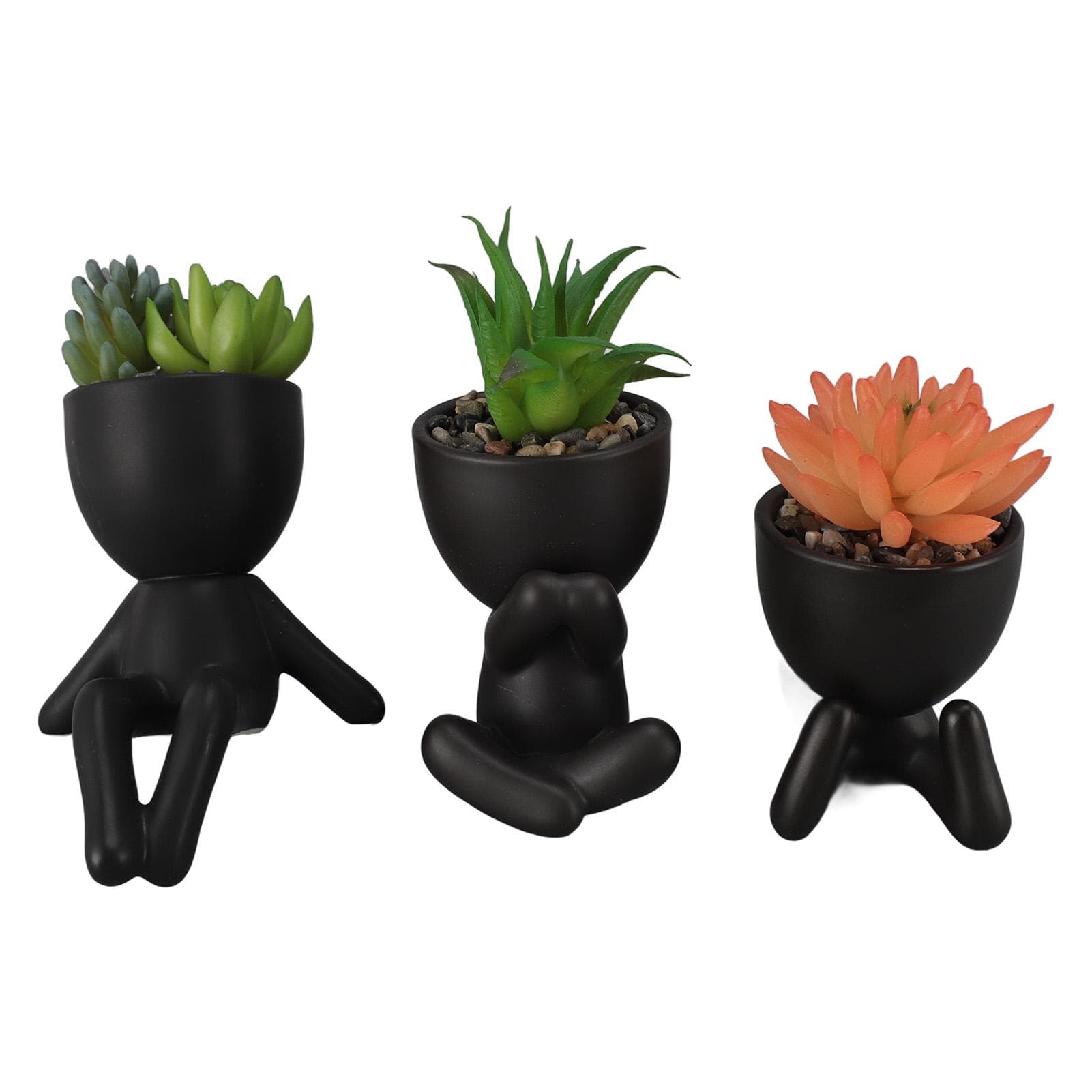 3PCS Set Artificial Potted Succulents Plant Mini Table Shelf Decor Faux Succulents Plant for Home black
