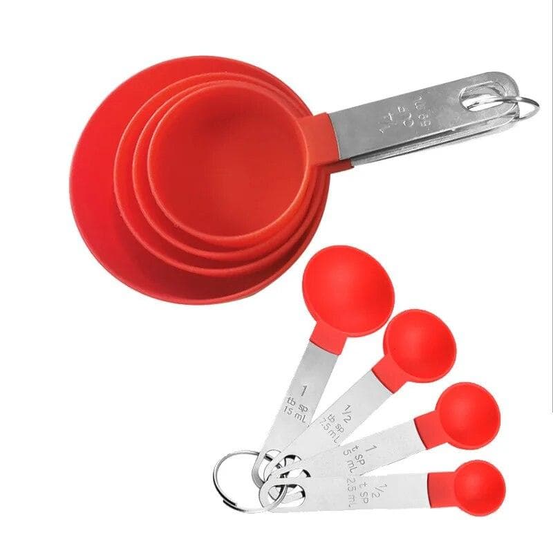 8PCS Measuring Cups Spoons Set For Baking Cake Pastry Cooking Utensils Stainless Steel Handle Kitchen Tools Accessories red