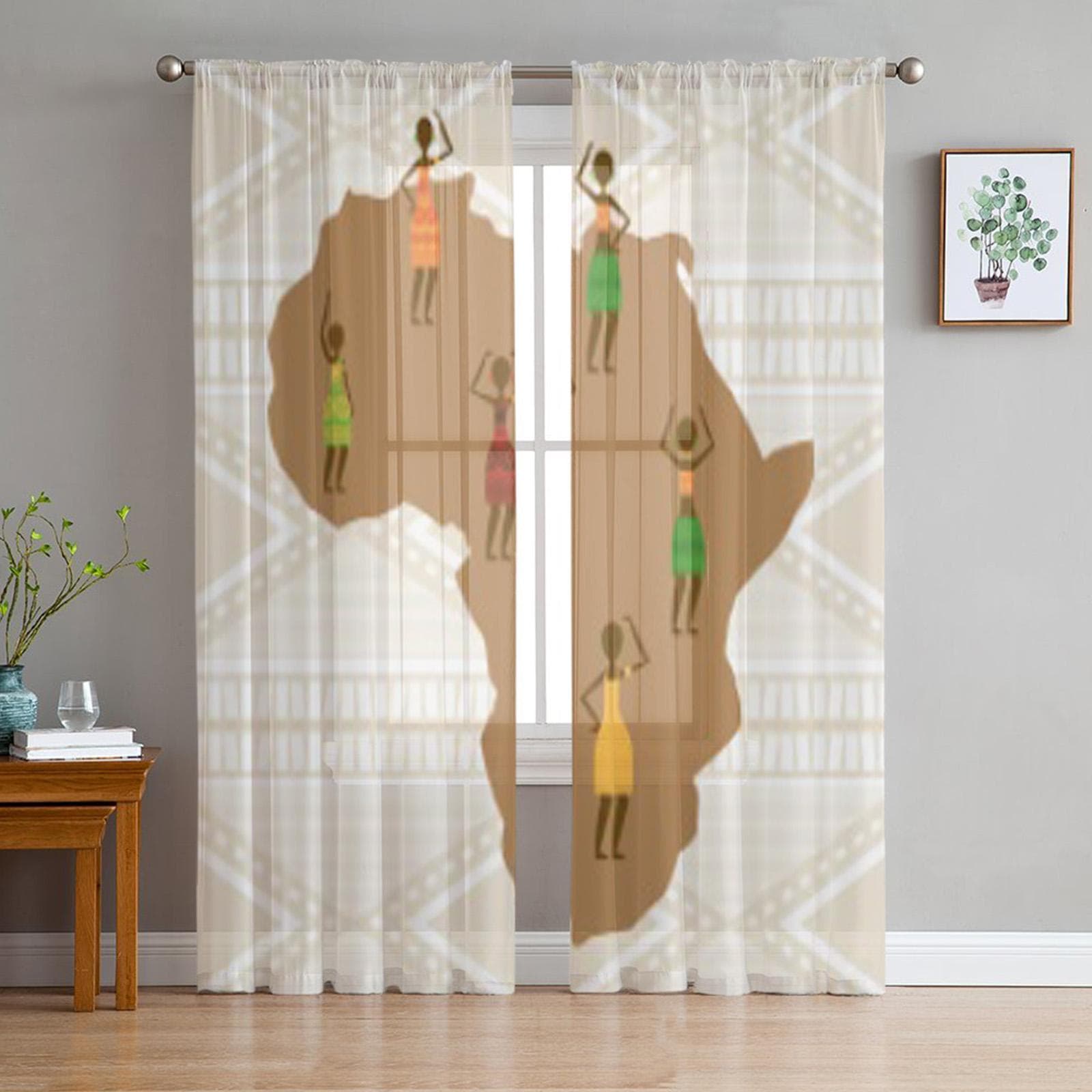 African Culture Design Vector Illustration Eps10 Graphic Tulle Sheer Curtains for Living Room Home Decor Voile Organza Curtain 135W x 114H(cm)