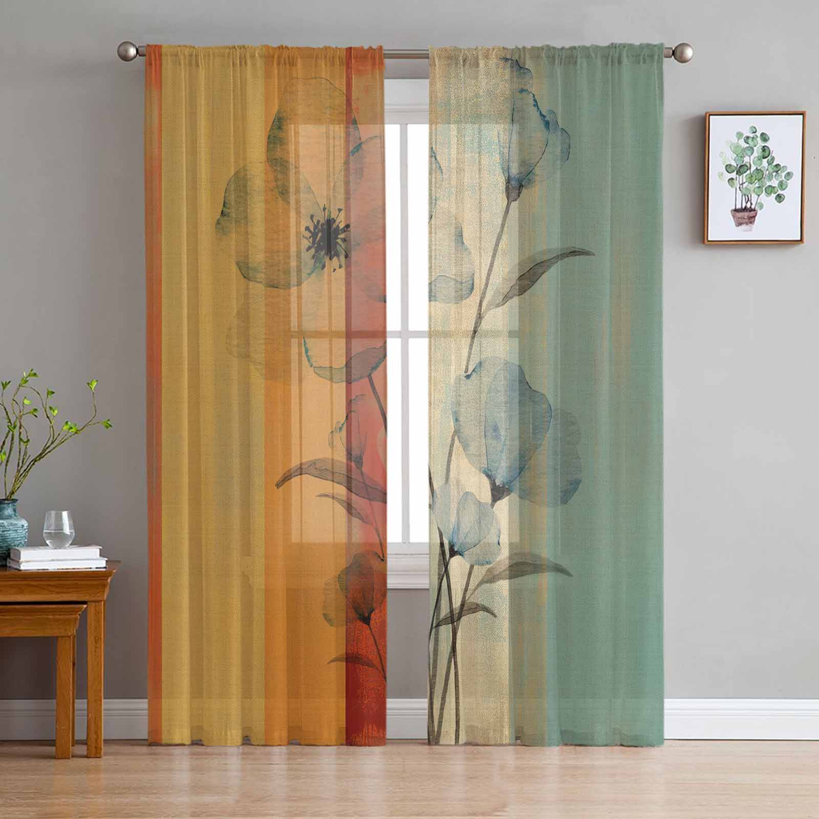 Overlay Of Flower Stripes Tulle Window Curtains for Bedroom Luxury Home Decor Drapes in Living Room Chiffon Panels 135W x 114H(cm)