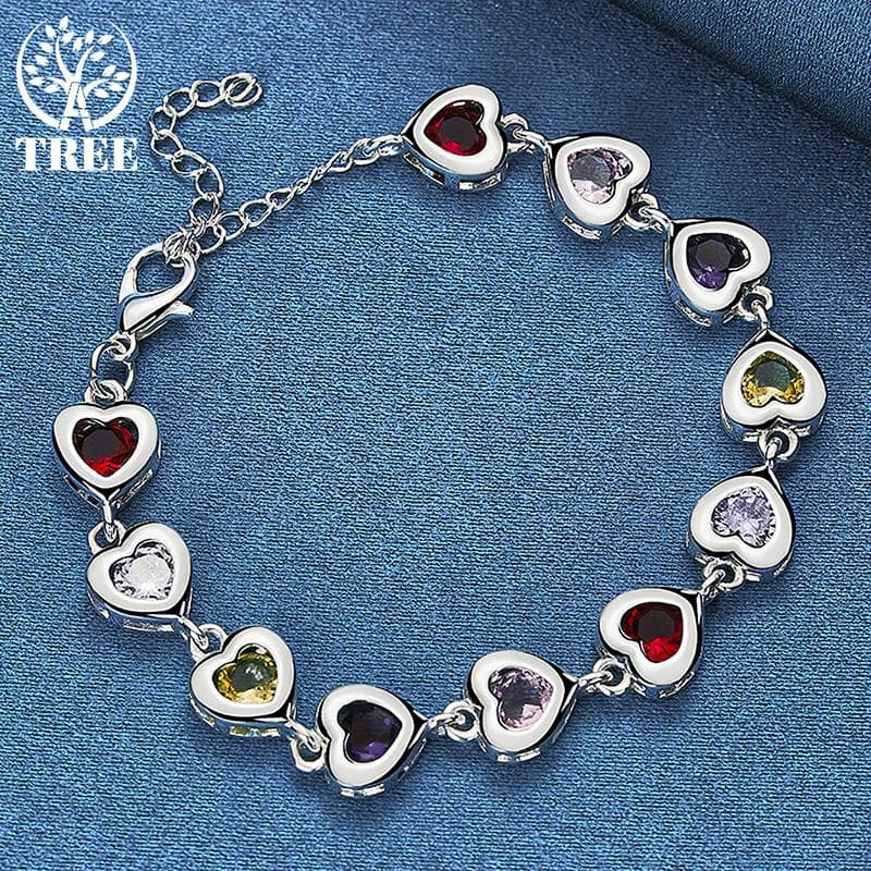 925 Sterling Silver Heart inlaid With Multi-color AAA Zircon Bracelet Jewelry 20cm
