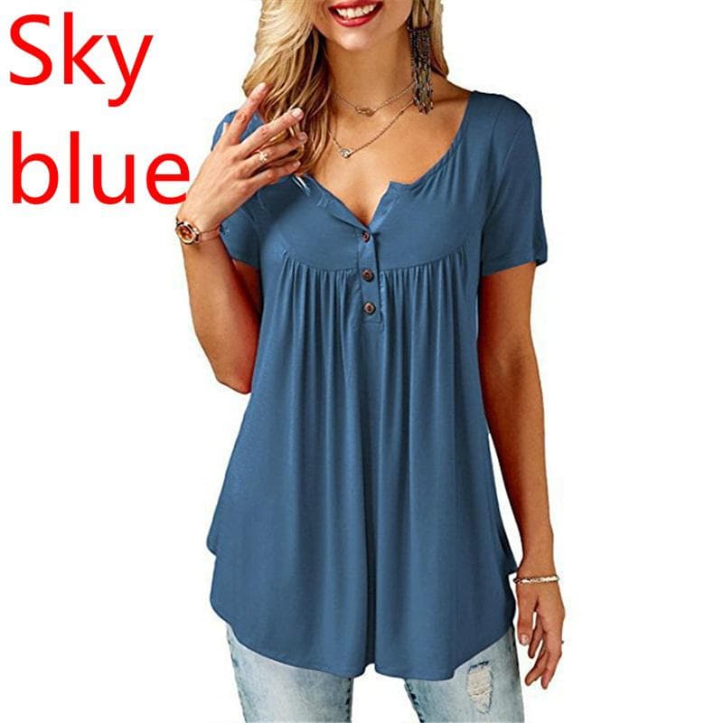 Womens O Neck Button Loose Elastic Tops Ladies Short Sleeve Tunic Shirts Female Casual Blouses L blue