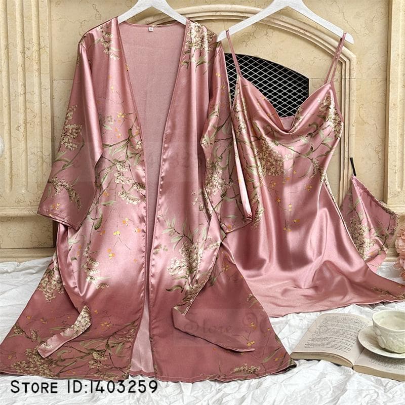 New Female 4PCS Pajamas Set Spring Summer Satin Sleepwear Intimate Lingerie Print Cherry Flower Nightgown Loose Home Clothes XL