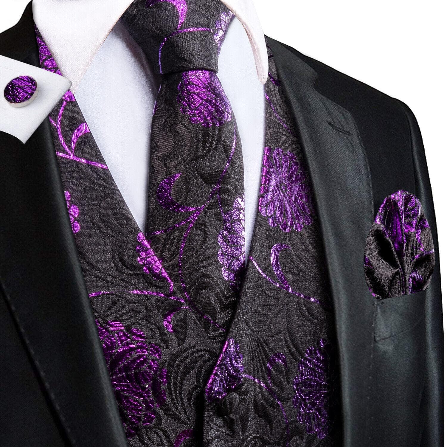 Mens Formal Wedding Waistcoat Solid Floral Suit Vest Slim Tuxedo Silk Tie Set M
