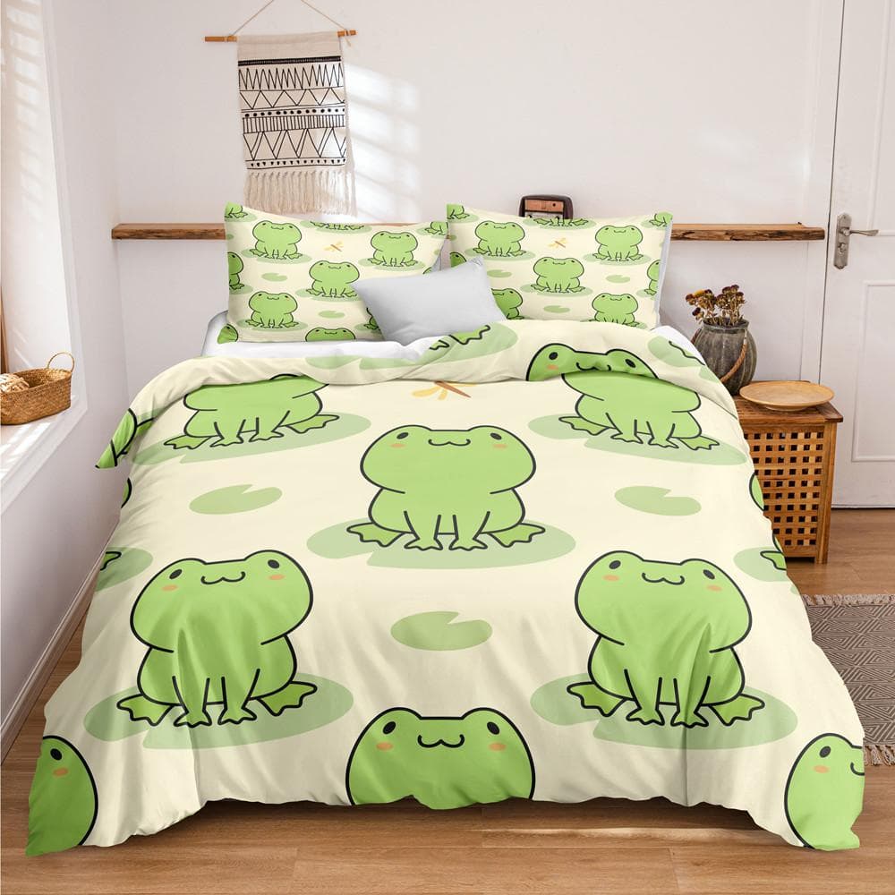 Animal Frogs Duvet Cover Set King Queen Size Green Lovely Cartoon Frog Bedding Set Kids Toad 2/3pcs Polyester Comforter Cover 240x210cm 3pcs