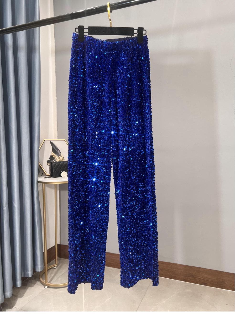 Women's Korean Velvet Sequined Wide-Leg Pants: Slim-Fit, Floor-Length, Shiny Drape Casual Wear for Autumn and Winter Medium