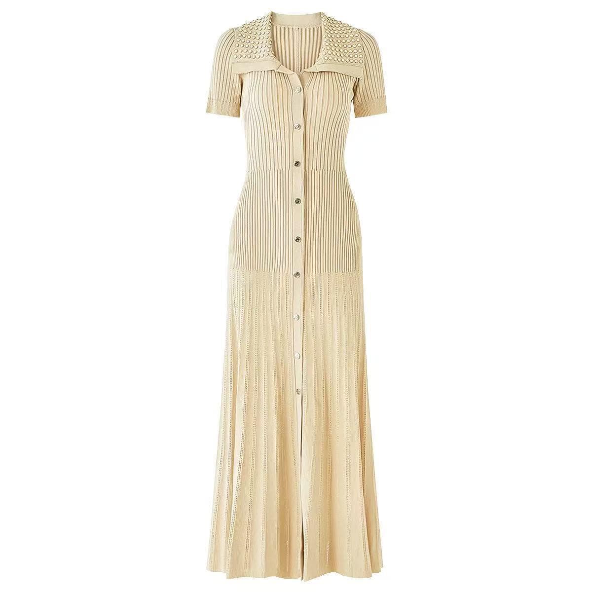 2025 European Hot-Fix Rhinestone Knit Dress, Short Sleeve Lapel Style Medium apricot