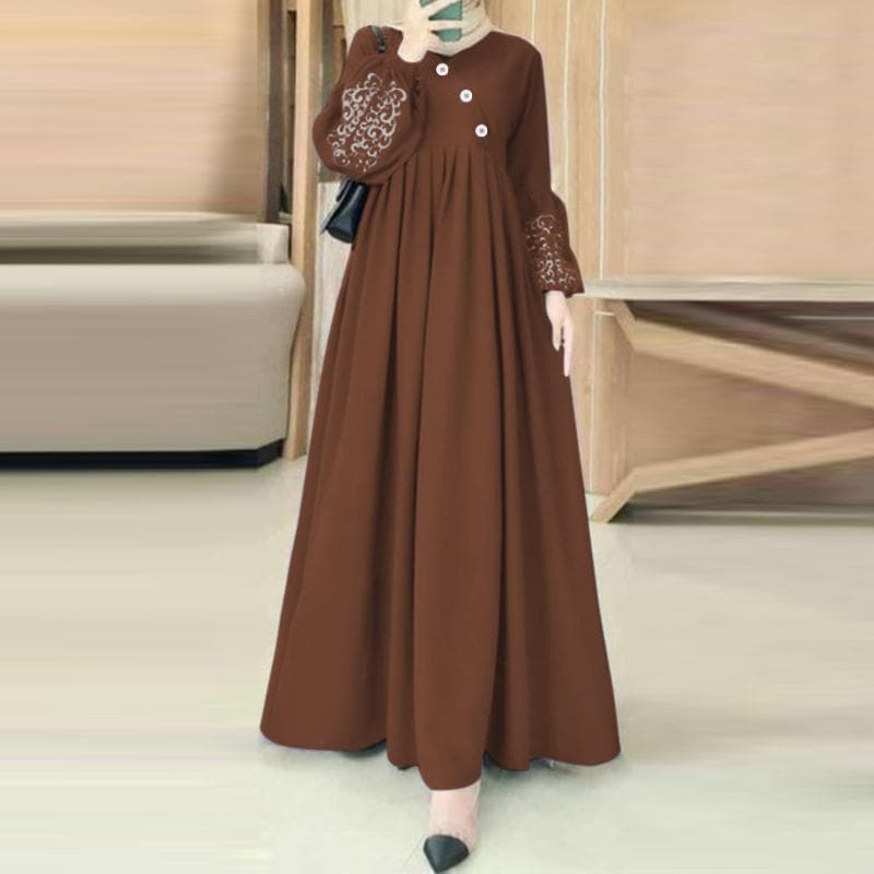 ZANZEA Women Print Patchwork Elasticated Cuffs Lantern Sleeves Casual Long Dress 3XL brown
