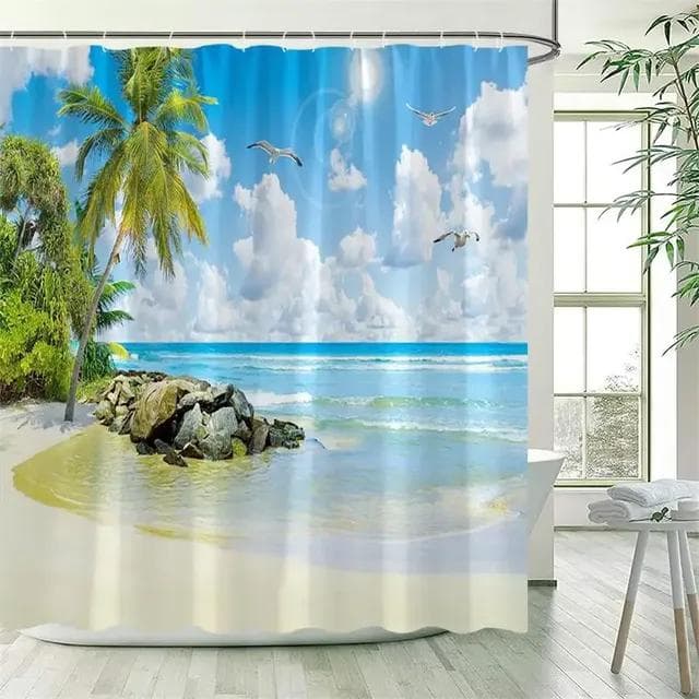 Ocean Landscape Shower Curtain Beach Palm Trees Parrots Dolphins Sea Waves Nature Scenery Bath Curtains Fabric Bathroom Decor W120xH180cm